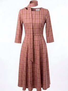 Chic Plaid Midi Dress with Scarf - Terracotta